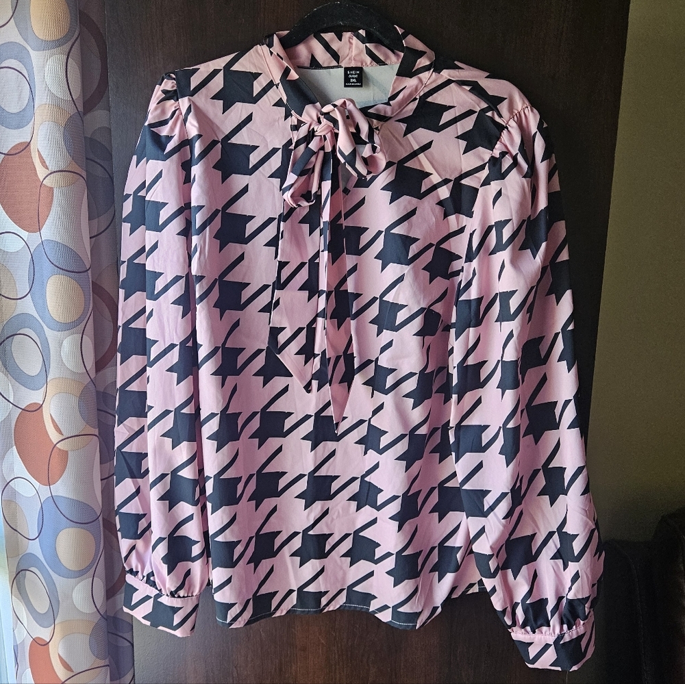 SHEIN Pink and Black Houndstooth Blouse